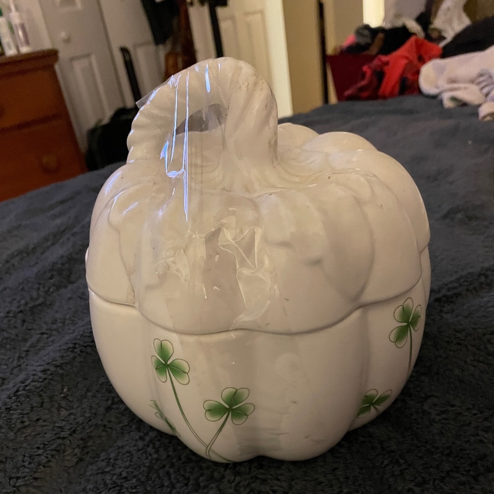 Unique Ceramic pumpkin withclovers made in ireland